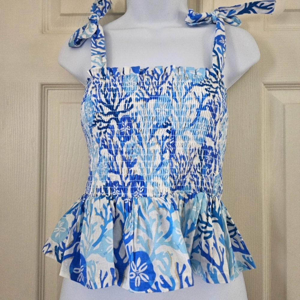 Haute Hippie NWT small sleeveless top smocked bodice blue coral starfish beachy